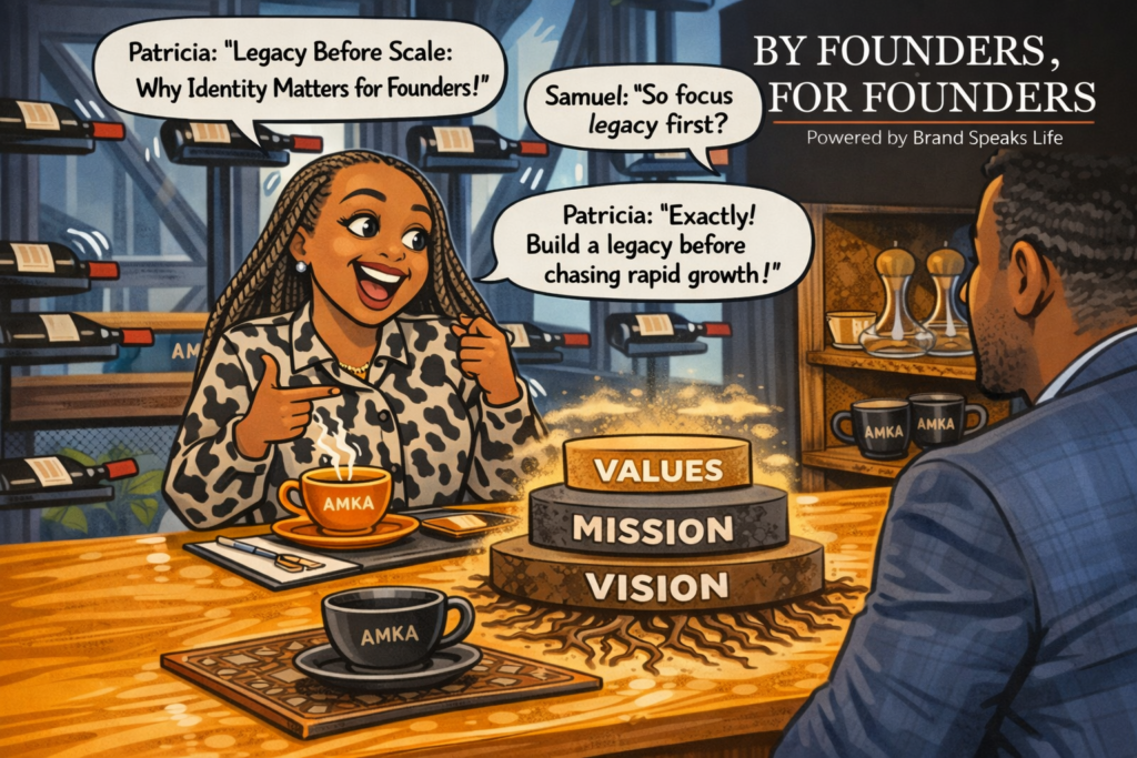 Two founders having a coffee conversation about legacy before scale, highlighting values, mission, and vision as the foundation for startup growth.