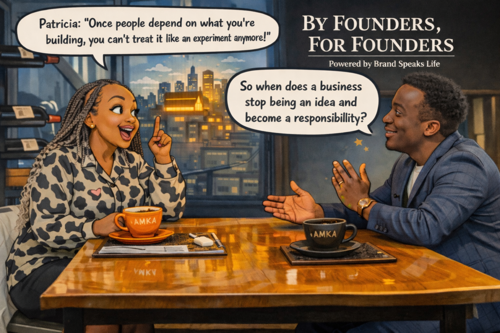 Patricia of mbogo coffee in conversation with Muchiri on the By Founders For Founders podcast, discussing identity, responsibility, and building purpose-driven businesses.