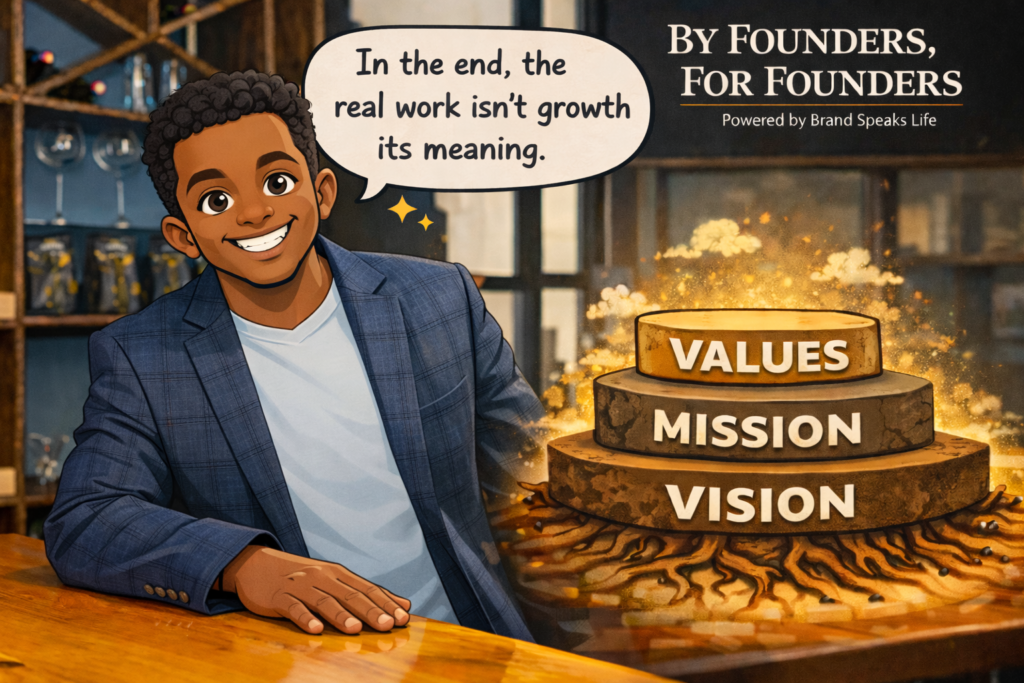 Samuel reflecting on legacy and purpose-driven business, with visual symbols of values, mission, and vision representing identity before growth.